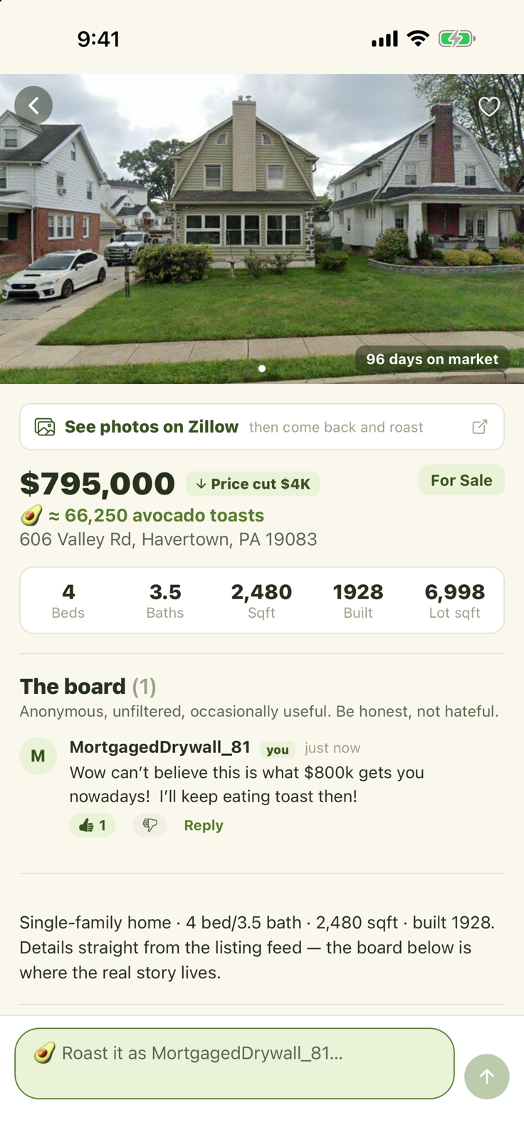 Avocado Toast app showing an anonymous comment board on a home listing