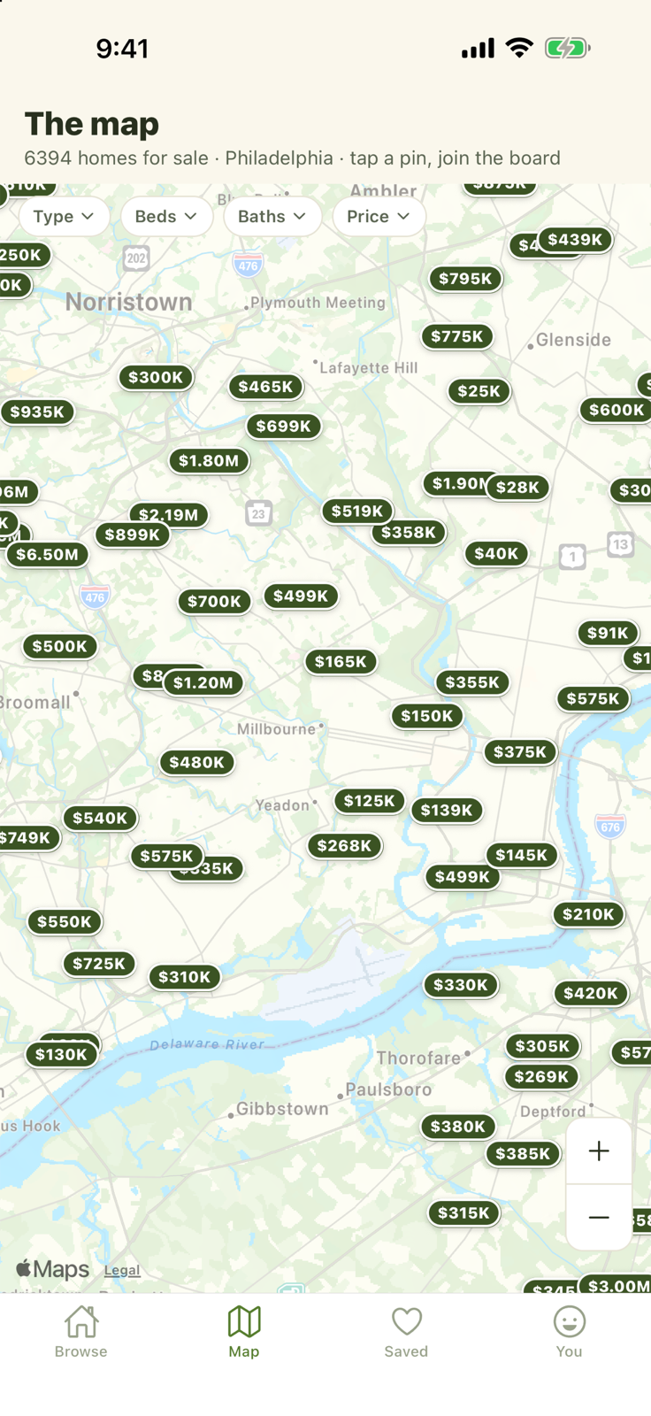 A map of homes for sale with price bubbles on every pin