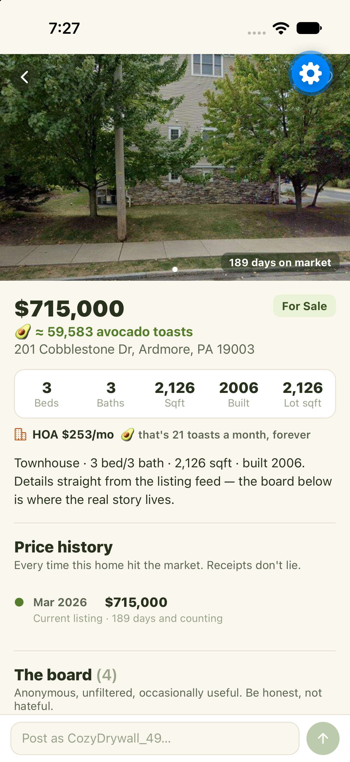A listing page with price history, HOA fee, and days on market